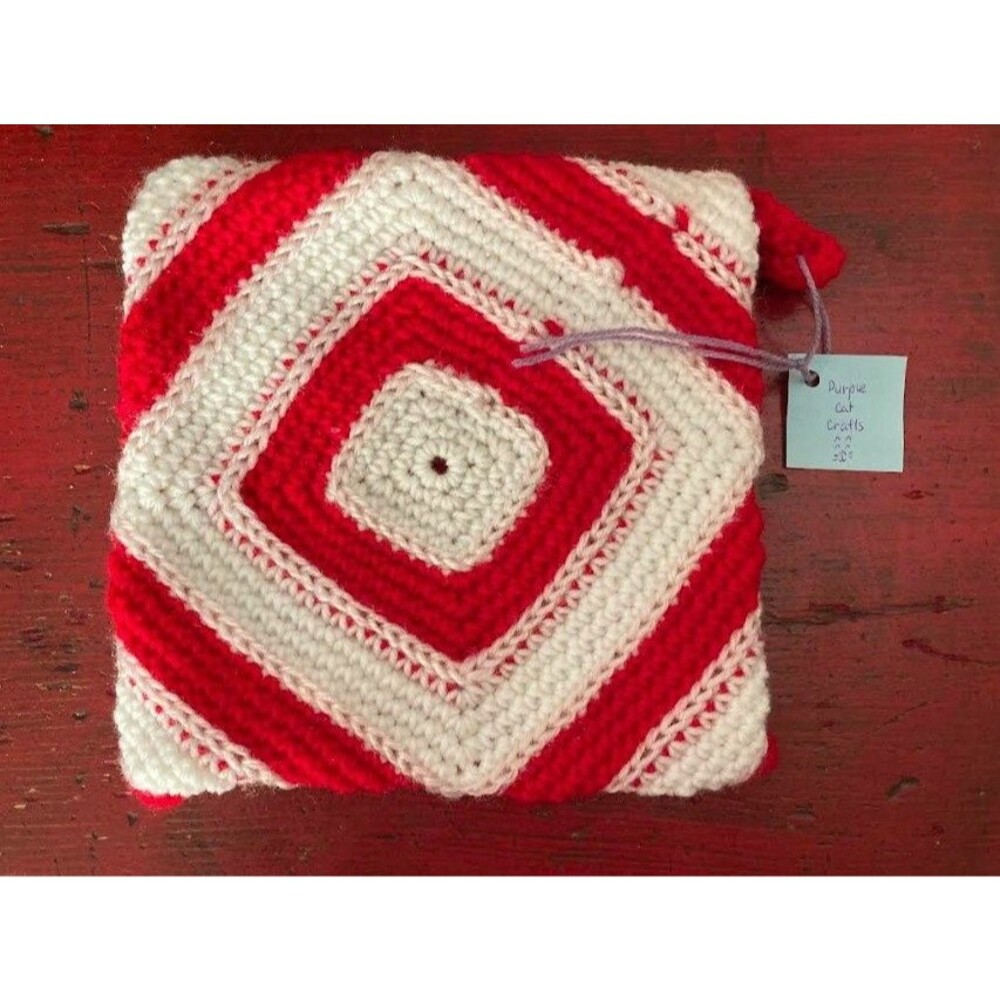 PURPLE CAT CRAFTS Handmade Crocheted Trivet Potholder HotPad Christmas Candycane